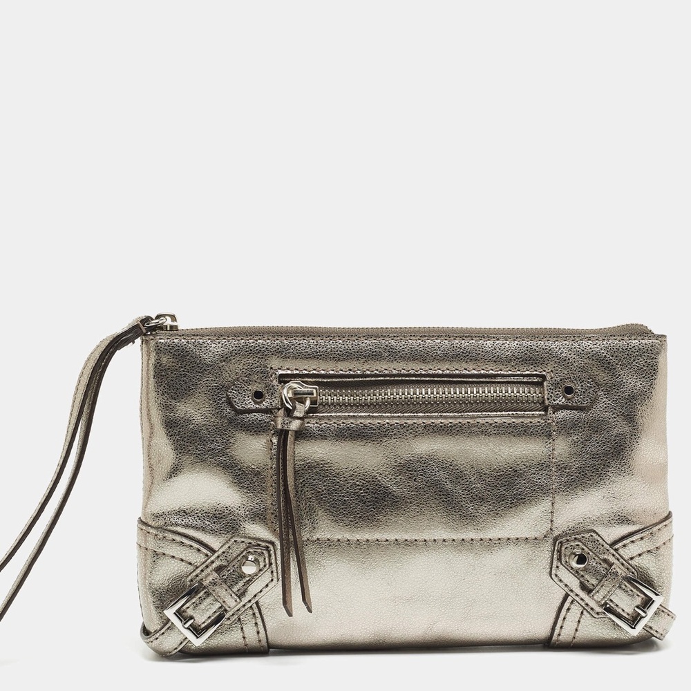 Michael Kors Fallon Metallic gray leather Wristlet Clutch with dust bag NWOT